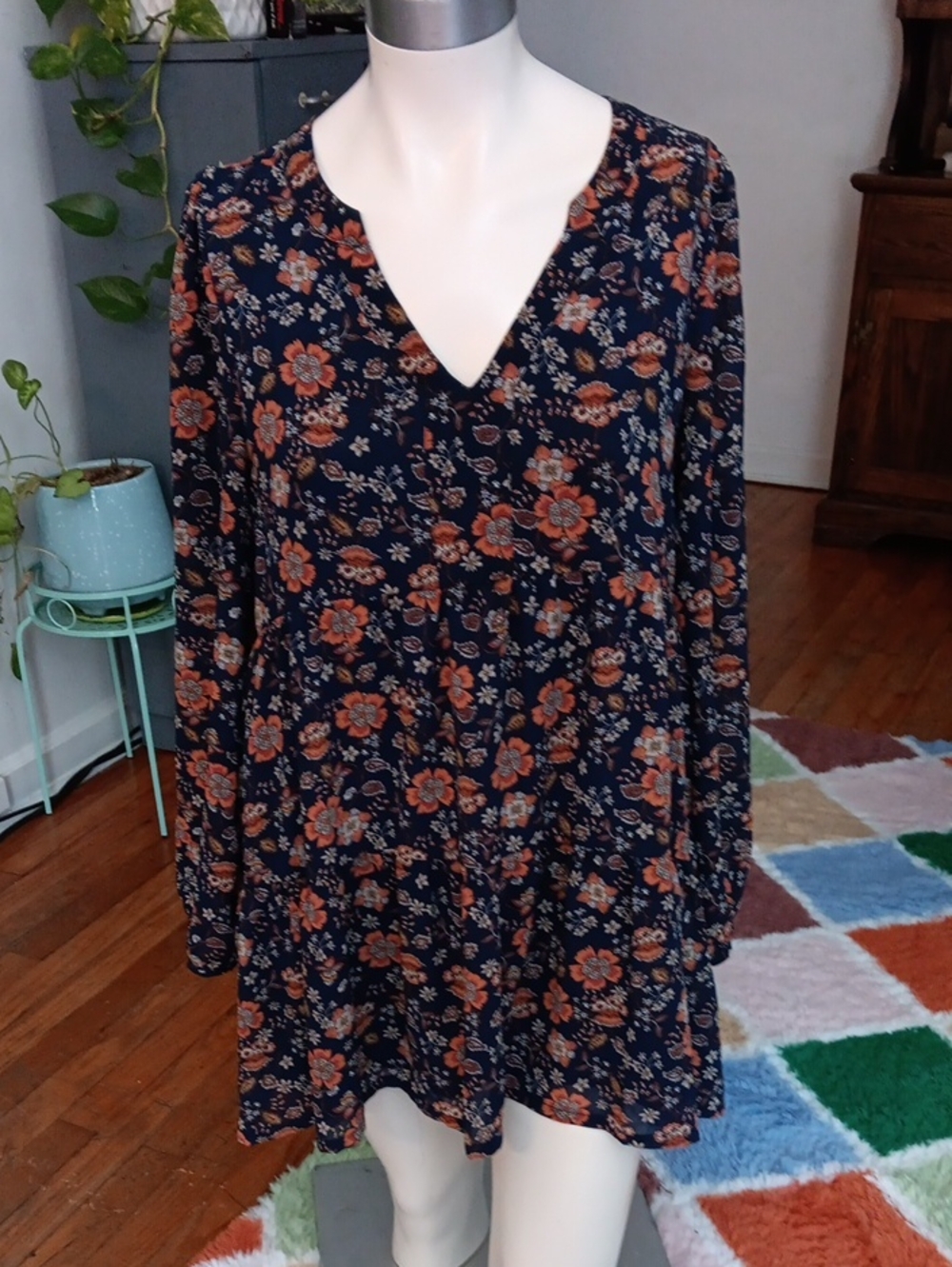 MELLODAY Navy and Orange Floral Longsleeve Dress